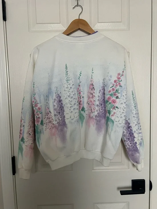 Vintage White Floral Hummingbird Button-Up Sweatshirt Sz M 80% Cotton - Picture 5 of 7